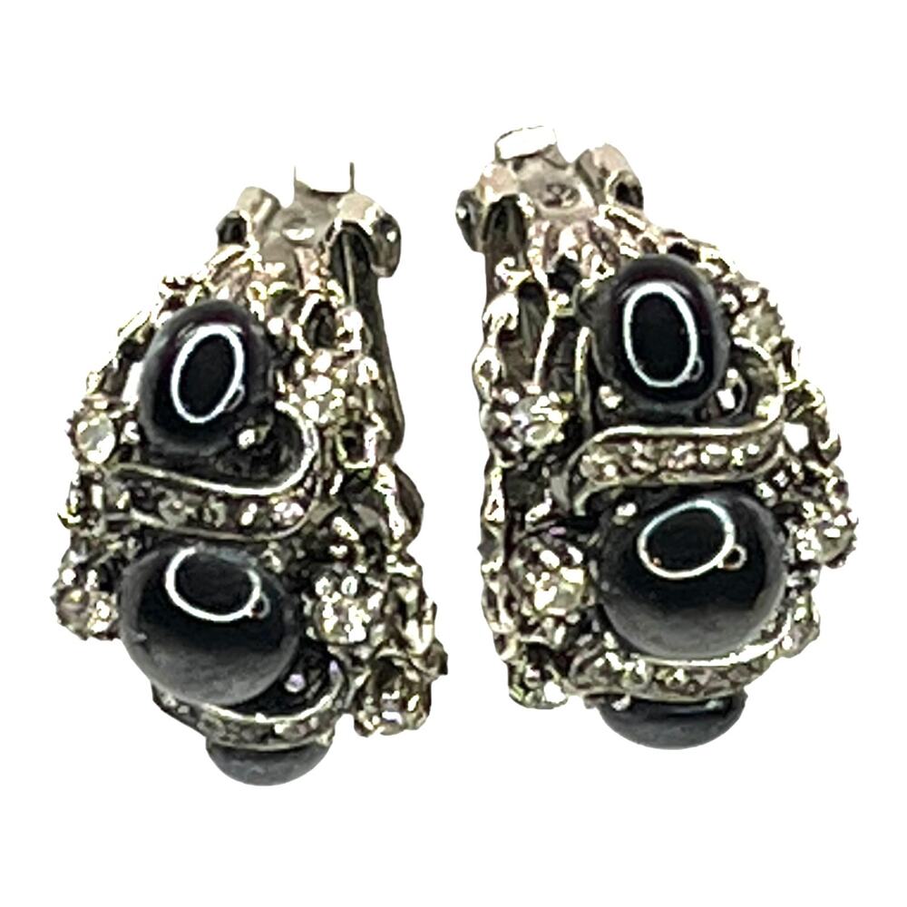 Arthur Pepper Clip On Earrings Black Cabochon & Rhinestone 1" Art Signed Jewlery